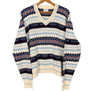 Vintage 80s Fair Isle Knit Sweater Cabincore V Neck Pullover Cozy Retro Knitwear